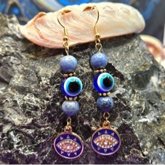 Dumortierite Gemstone Evil Eye Protection Earrings - Picture 1 of 2